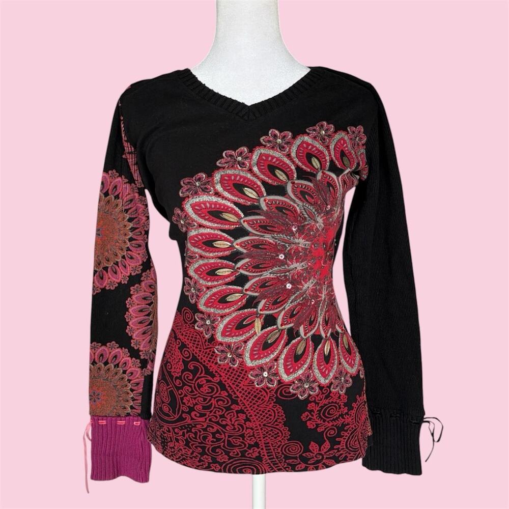 Desigual black & pink paisley long sleeve top with red & pink paisley design